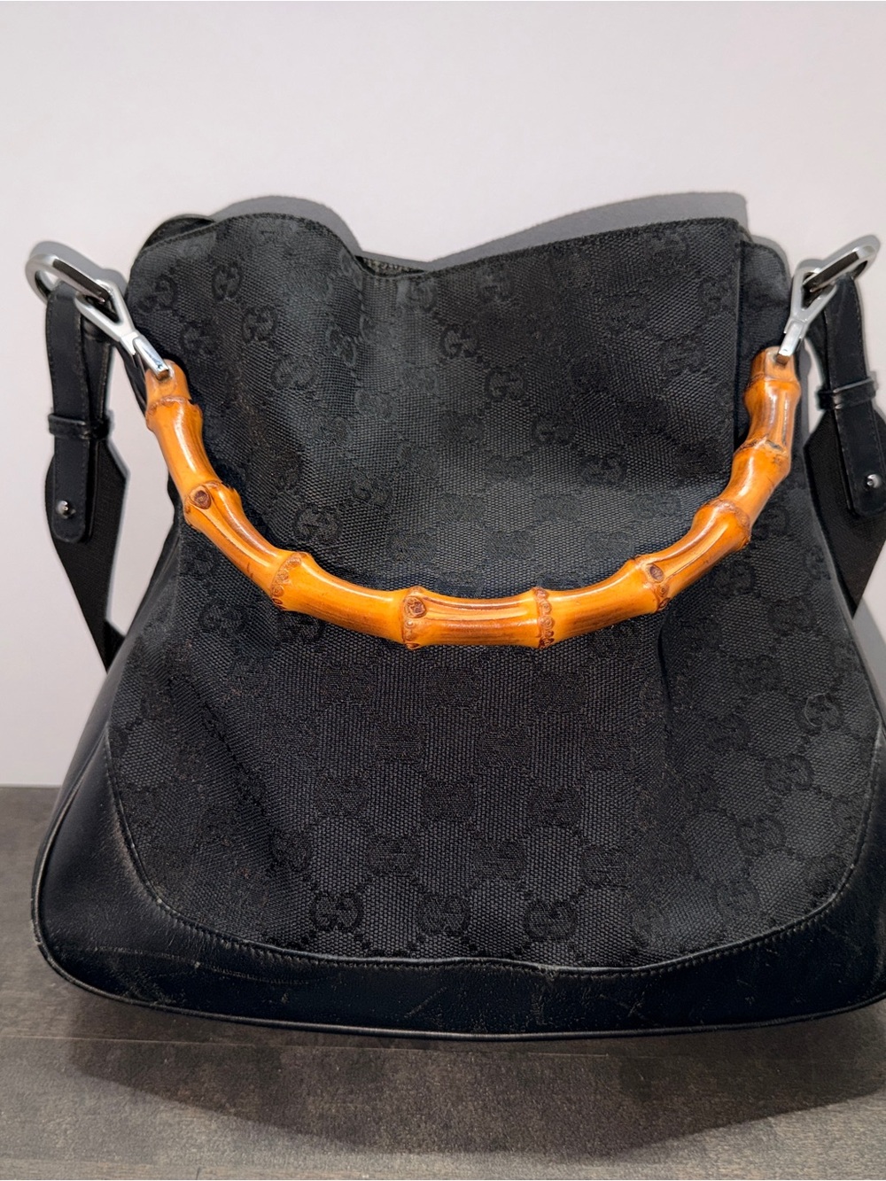 Gucci Black GG Jacquard Shoulder Bag with Bamboo Handle